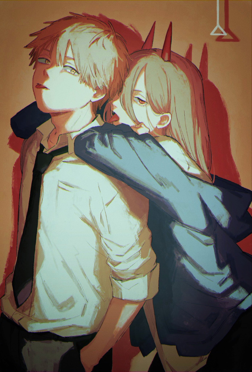 +_+, 1boy, 1girl, black_neckwear, blonde_hair, blue_hoodie, chainsaw_man, demon_horns