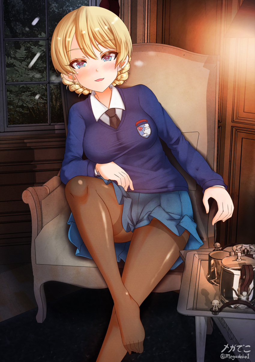 1girl, aquaegg, armchair, artist_name, bangs, black_legwear, black_neckwear, blonde_hair