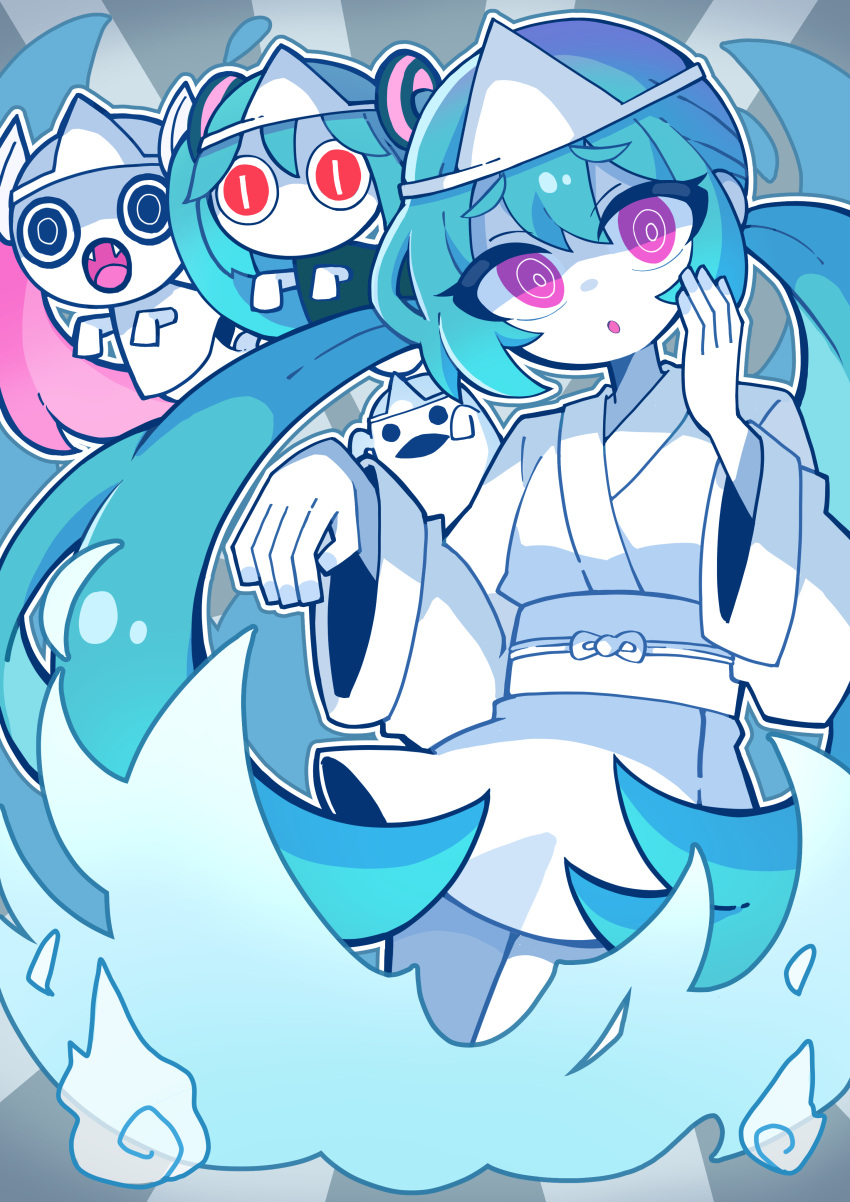 1other, 3girls, :o, absurdres, aimaina, aqua_hair, black_dress, black_eyes