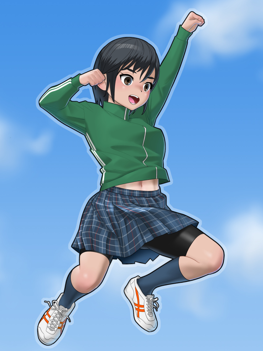 1girl, :d, arm_up, bike_shorts, bike_shorts_under_skirt, black_hair, blue_skirt, blush