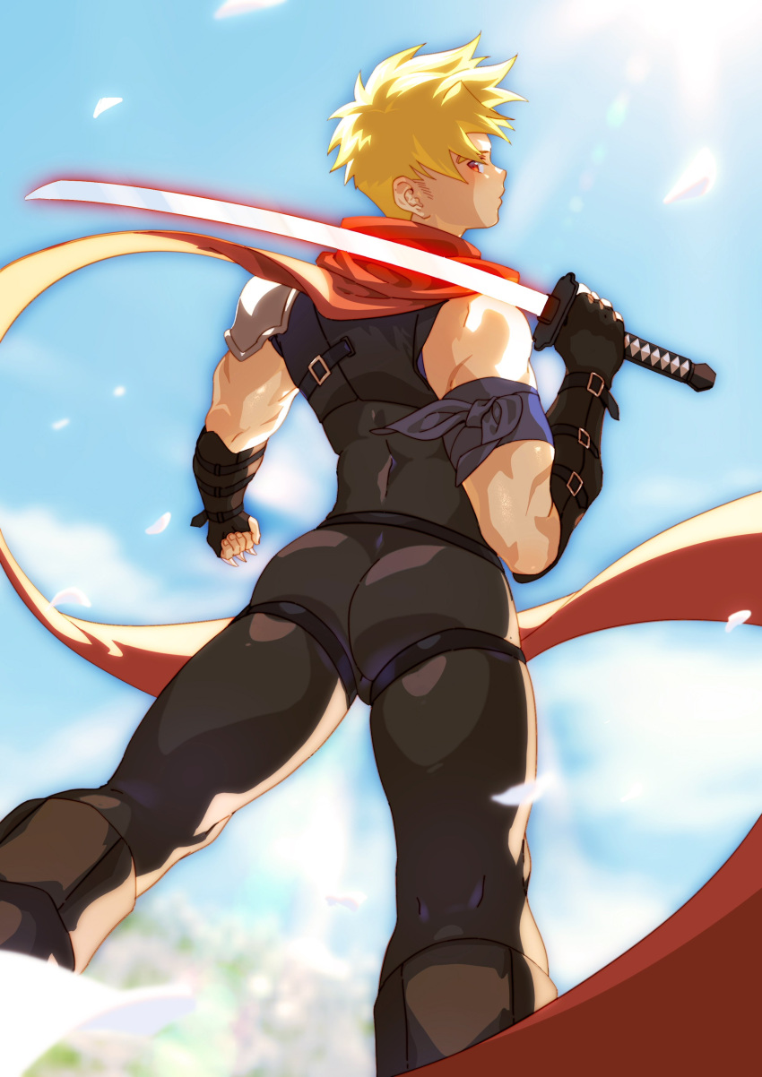 1boy, absurdres, armband, armor, ass, back, black_bodysuit, black_gloves