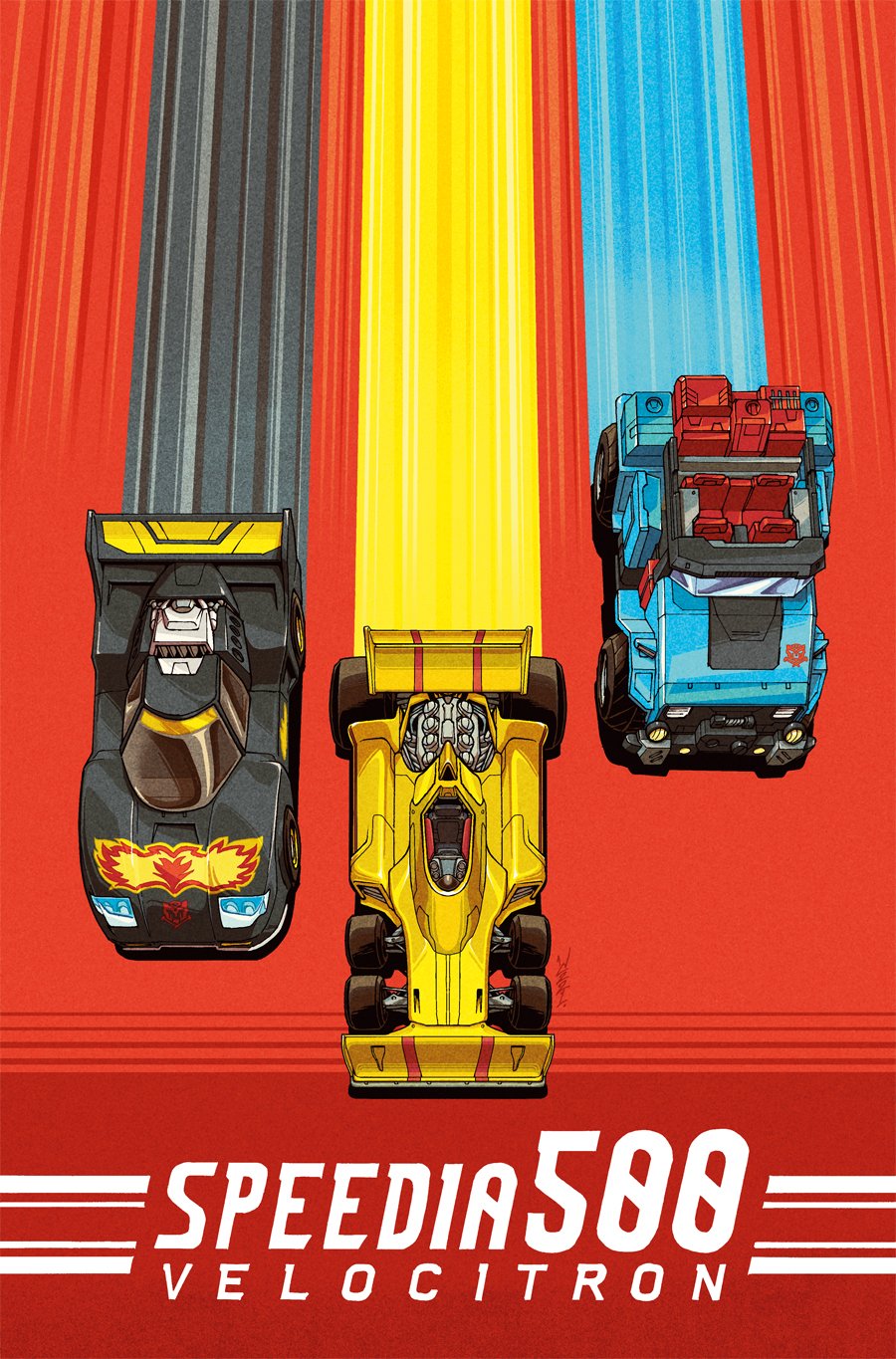autobot, comic_cover, cover, cover_page, dragstrip, engine, english_commentary, flame_print, from_above, headlight, highres, hot_shot_(transformers), insignia, no_humans, official_art, ricochet_(transformers), spoiler_(automobile), the_transformers_(idw), transformers, vehicle_focus, wheel, windshield, winston_chan