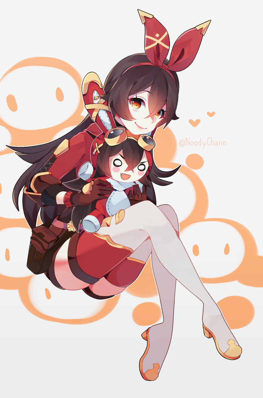 1girl, :d, amber_(genshin_impact), bag, bangs, baron_bunny_(genshin_impact), belt, boots, brown_eyes, brown_gloves, brown_hair, brown_shorts, commentary, doll, english_commentary, eyebrows_visible_through_hair, genshin_impact, gloves, hair_between_eyes, hairband, highres, holding, holding_doll, long_hair, long_sleeves, looking_at_viewer, noodychaan, open_mouth, red_legwear, shorts, sidelocks, simple_background, sitting, slime_(genshin_impact), smile, solo, stuffed_animal, stuffed_bunny, stuffed_toy, thigh-highs, thigh_boots, white_footwear, zettai_ryouiki