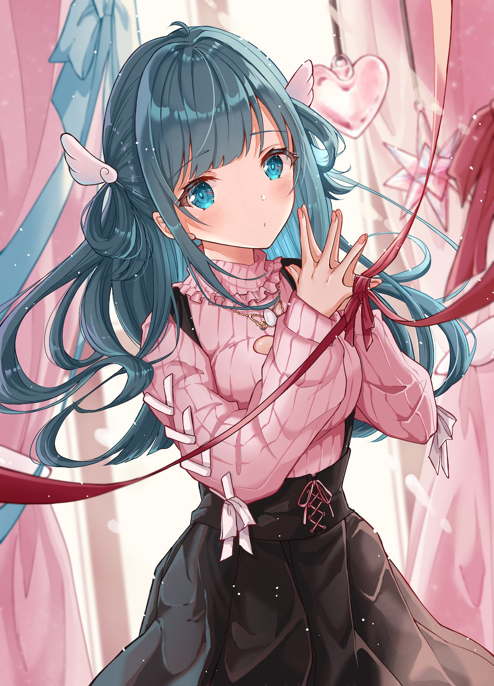 1girl, amano_nene_(vtuber), bangs, black_skirt, blue_eyes, blue_hair, breasts, closed_mouth