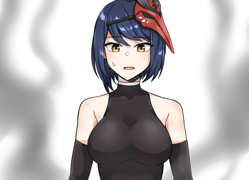1girl, :o, bangs, black_bodysuit, black_hair, blurry, bodysuit, collarbone