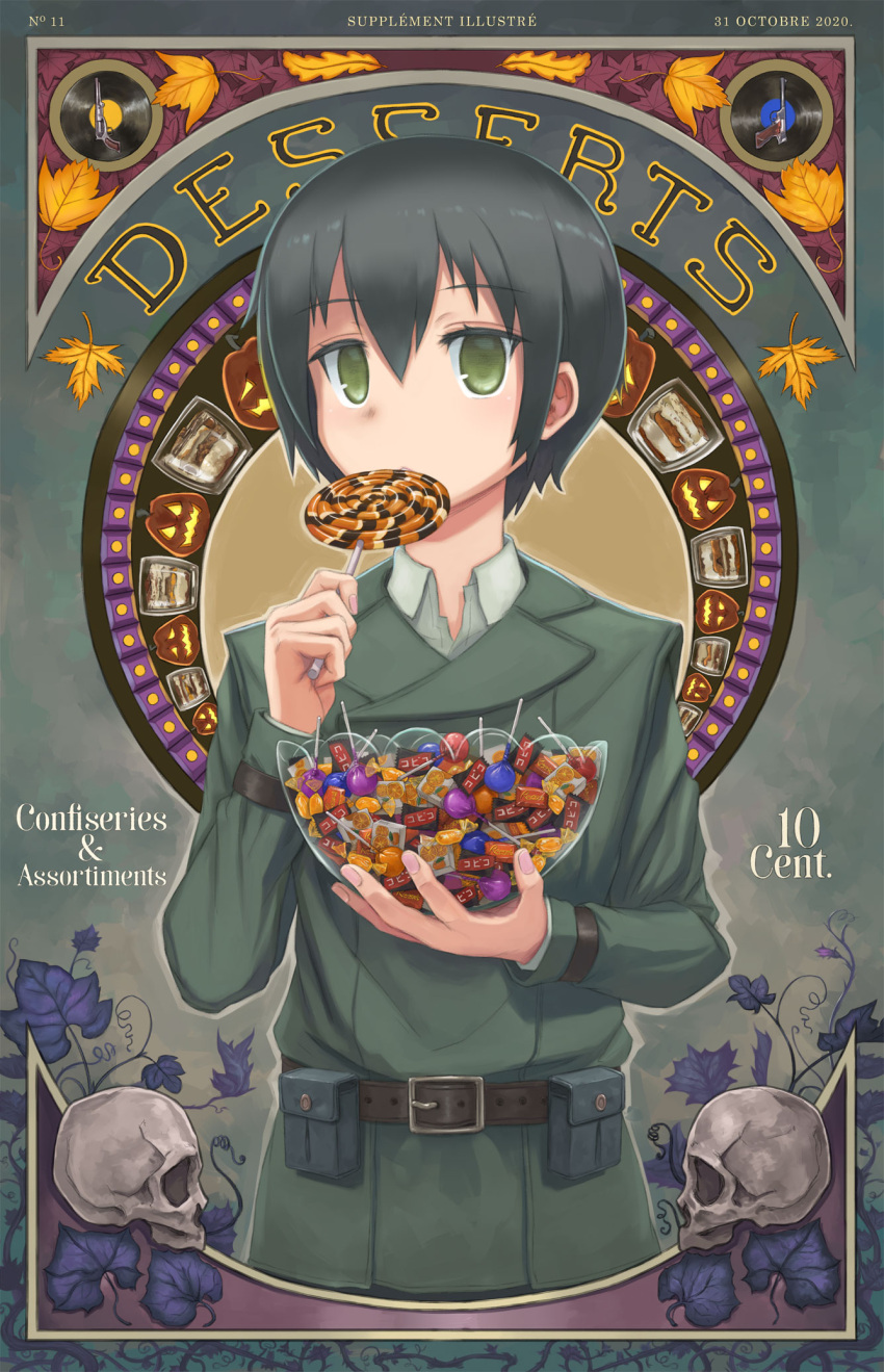 1girl, androgynous, art_nouveau, autumn_leaves, bangs, belt, belt_buckle, belt_pouch