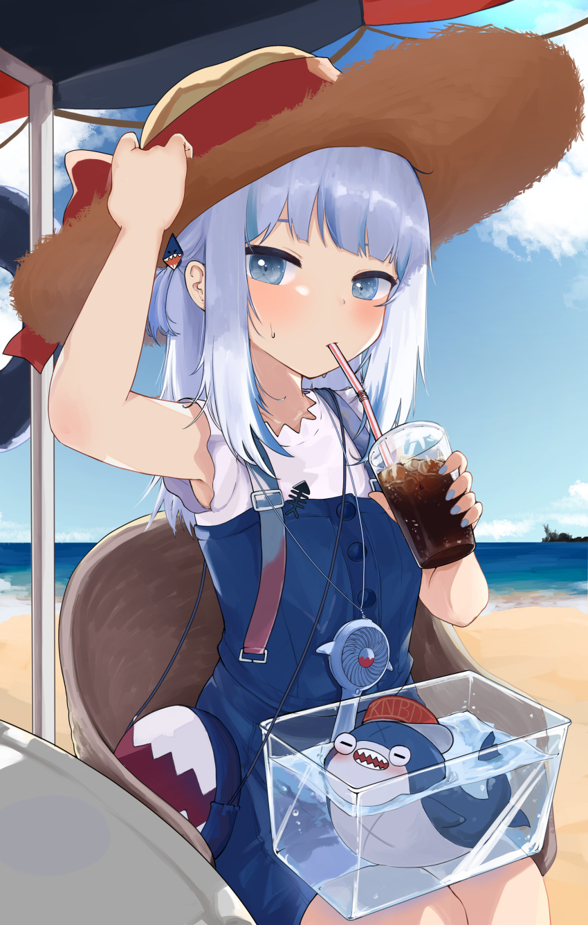 1girl, absurdres, bag, beach, bloop_(gawr_gura), blue_dress, blue_eyes, blush