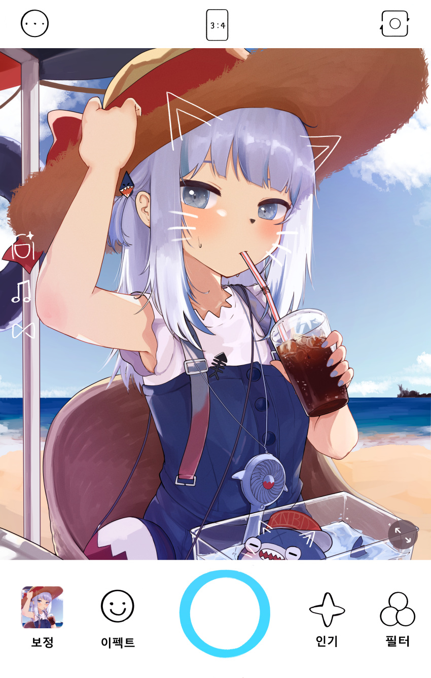1girl, absurdres, bag, beach, bloop_(gawr_gura), blue_dress, blue_eyes, blush