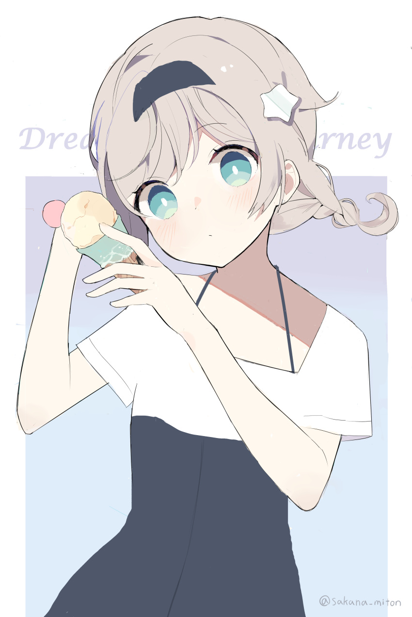 1girl, absurdres, background_text, black_dress, black_hairband, blue_background, braid, commentary_request