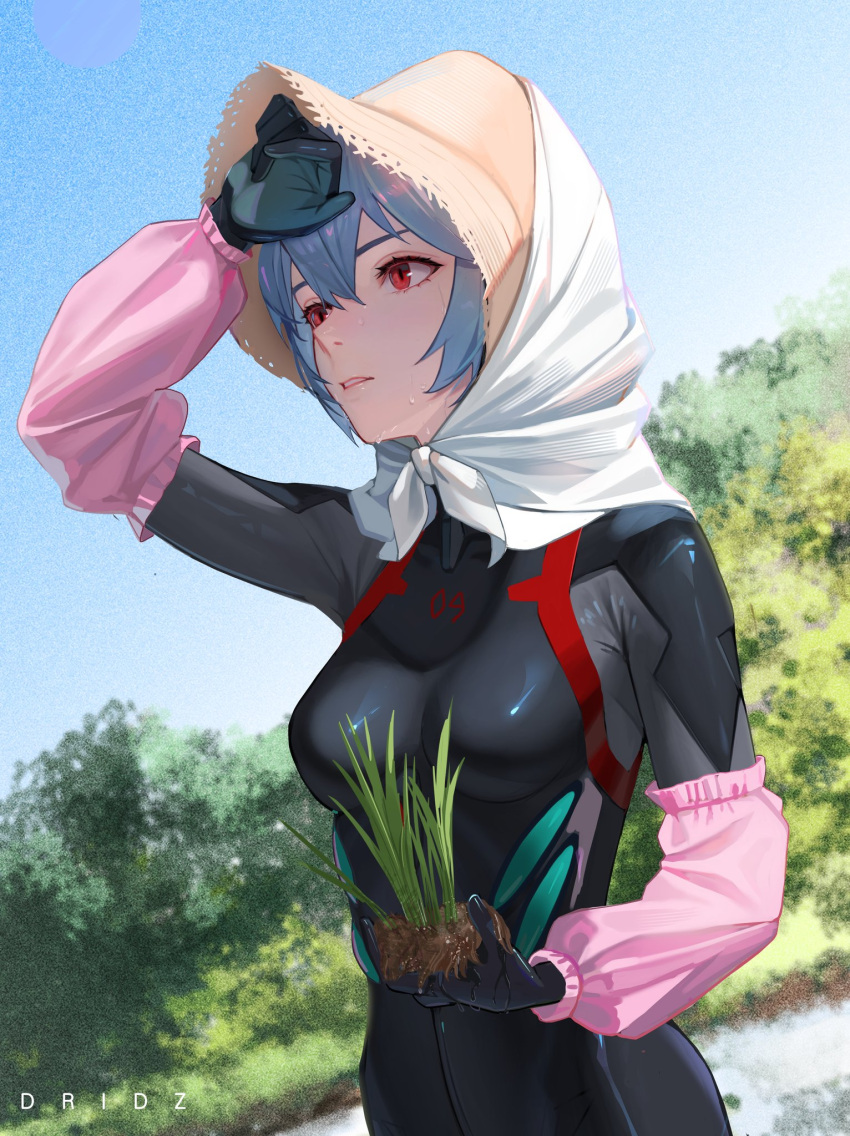 1girl, artist_name, ayanami_rei, bandana, bangs, black_bodysuit, blue_hair, bodysuit