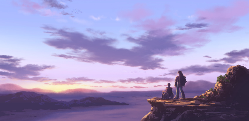 2boys, brad_evans, brown_hair, clouds, den_dengaku, gloves, grass, highres, looking_away, mountain, multiple_boys, ocean, pants, scenery, sky, sun, wheelchair, wild_arms, wild_arms_2