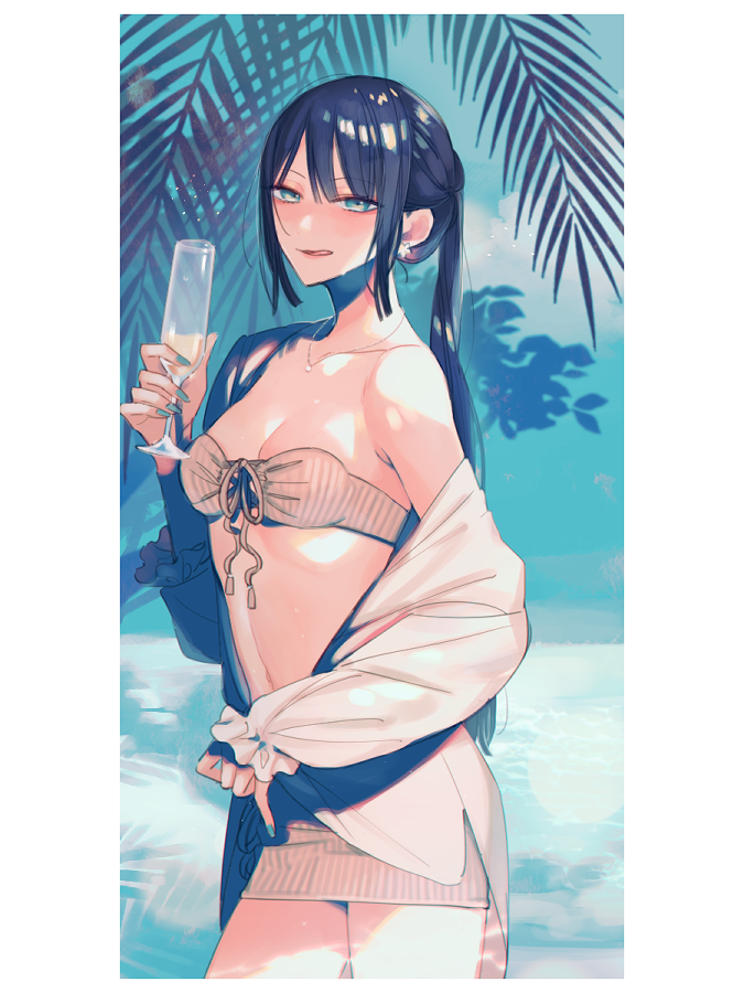 1girl, bangs, bare_shoulders, bikini, black_hair, blue_sky, blush, breasts