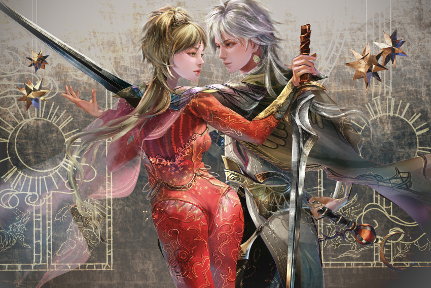 1boy, 1girl, absurdres, ass, blonde_hair, breasts, cape, closed_mouth, dress, earrings, f25f, hair_ornament, highres, holding, holding_sword, holding_weapon, huge_filesize, jewelry, long_hair, protagonist_(romancing_saga_2), romancing_saga_2, saga, sword, weapon