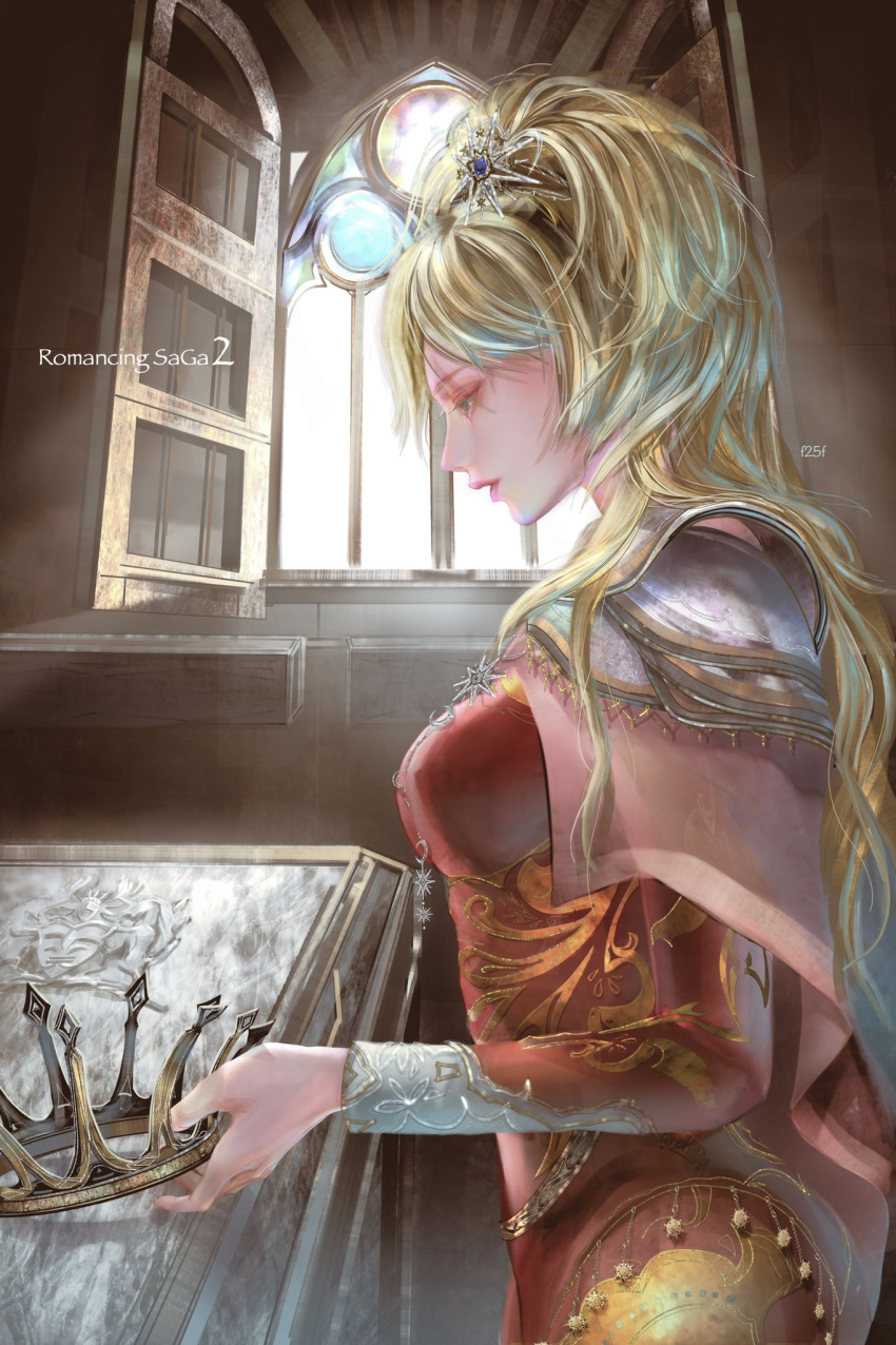 1girl, blonde_hair, breasts, crown, dress, f25f, hair_ornament, highres, jewelry, long_hair, protagonist_(romancing_saga_2), romancing_saga_2, saga, solo, window