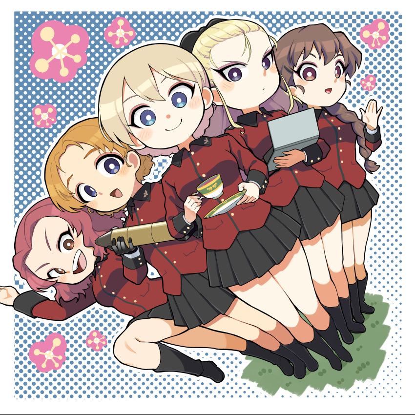 5girls, absurdres, assam_(girls_und_panzer), bangs, black_footwear, black_gloves, black_ribbon, black_skirt, blonde_hair, blue_eyes, boots, braid, braided_ponytail, bright_pupils, brown_eyes, brown_hair, closed_mouth, commentary_request, computer, cup, darjeeling_(girls_und_panzer), dutch_angle, epaulettes, frown, girls_und_panzer, glaring, gloves, hair_ornament, hair_over_shoulder, hair_pulled_back, hair_ribbon, hairclip, highres, holding, holding_cup, holding_laptop, holding_saucer, jacket, laptop, leg_up, long_hair, long_sleeves, looking_at_viewer, military, military_uniform, miniskirt, multiple_girls, nakachiruno, open_mouth, orange_hair, orange_pekoe_(girls_und_panzer), outline, parted_bangs, pleated_skirt, raised_fist, red_jacket, redhead, ribbon, rosehip_(girls_und_panzer), rukuriri_(girls_und_panzer), saucer, short_hair, side-by-side, single_braid, skirt, smile, st._gloriana's_military_uniform, standing, tank_shell, teacup, tied_hair, twin_braids, uniform, waving, white_outline, white_pupils