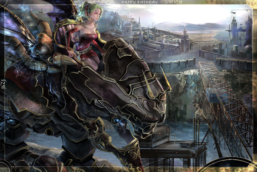 1girl, absurdres, breasts, cape, closed_mouth, detached_sleeves, dress, elbow_gloves, f25f, final_fantasy, final_fantasy_vi, gloves, green_hair, highres, huge_filesize, jewelry, long_hair, magitek_armor, pantyhose, ponytail, ribbon, solo, tina_branford
