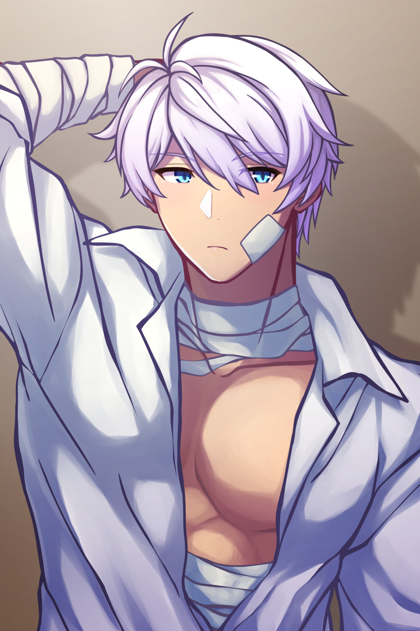 1boy, absurdres, arm_behind_head, bandages, bangs, blue_eyes, brown_background, closed_mouth