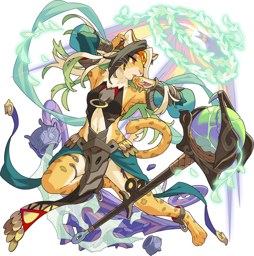 1girl, :<, amber_(gemstone), animal_ear_fluff, animal_feet, animal_hands, animal_nose, anklet, aqua_sleeves, armpits, arms_up, artist_request, bare_shoulders, barefoot, blonde_hair, body_fur, breasts, brown_fur, brown_hair, cauldron, cheetah_ears, cheetah_girl, cheetah_tail, clothing_cutout, colored_inner_hair, detached_sleeves, earrings, emerald_(gemstone), eyebrows_visible_through_hair, full_body, furry, furry_female, gem, glowing, green_hair, half-closed_eyes, headband, highres, jewelry, jumping, leg_up, loincloth, long_hair, multicolored_hair, navel, navel_cutout, nevia_(world_flipper), non-web_source, official_art, open_mouth, orange_eyes, owlbert_(world_flipper), pawpads, pelvic_curtain, plant, sand, scorpion, scrying, see-through, see-through_sleeves, shirt, sideless_outfit, sidelocks, single_earring, sleeveless, sleeveless_shirt, small_breasts, snout, solo, spilling, spread_legs, staff, stomach, thighlet, transparent_background, vines, whiskers, white_fur, world_flipper, yellow_fur