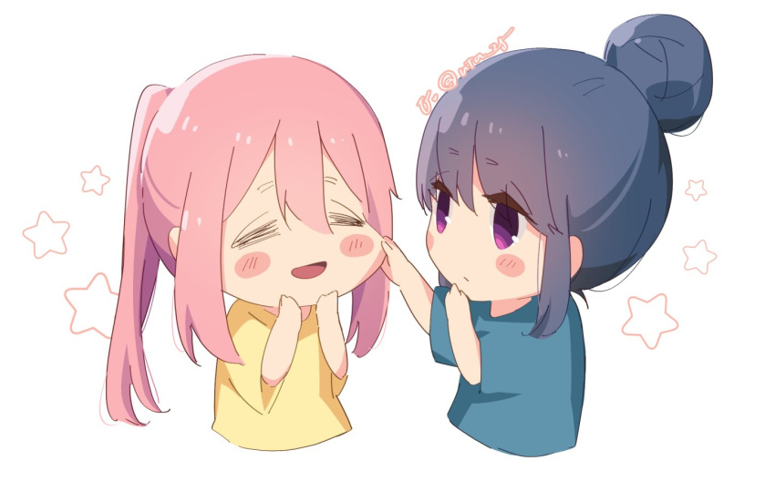 2girls, =_=, atu, baggy_clothes, bangs, blue_hair, blue_shirt, blue_t-shirt