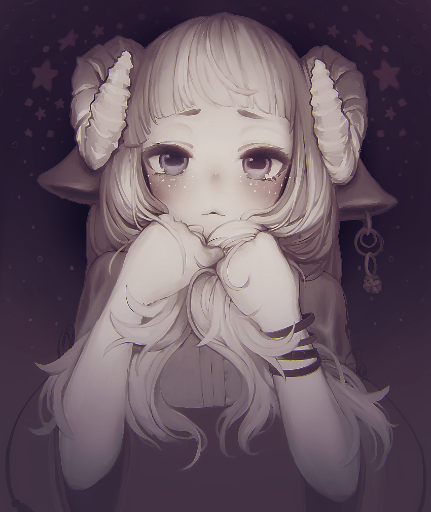 1girl, absurdres, animal_ears, bangs, blunt_bangs, bracelet, bunching_hair, darandy, earrings, greyscale, highres, holding, holding_hair, horns, jewelry, long_hair, looking_at_viewer, makeup, monochrome, original, sheep_ears, sheep_girl, sheep_horns, simple_background, single_earring, solo, star_(symbol), upper_body