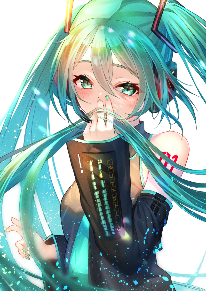 1girl, absurdres, aqua_eyes, aqua_hair, aqua_nails, aqua_neckwear, covered_mouth, detached_sleeves