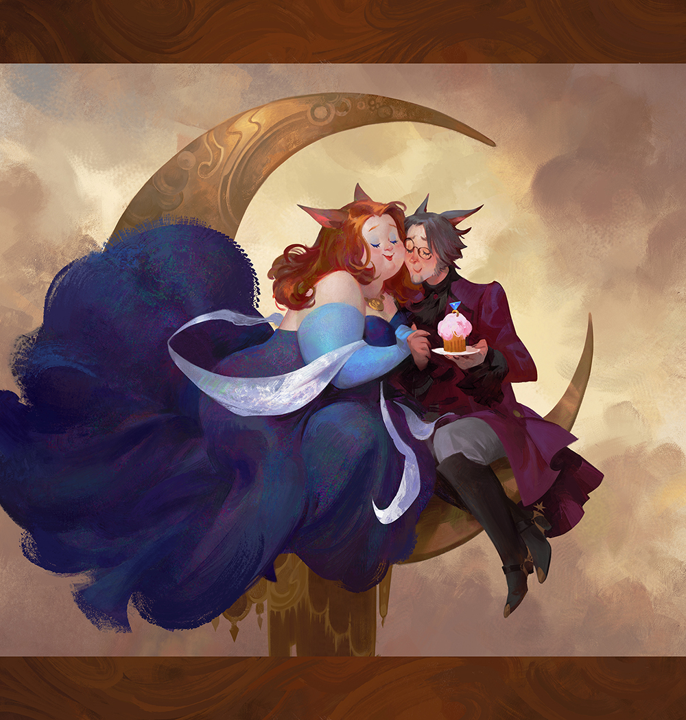 animal_ears, beard, blue_dress, brown_hair, cardigan, cat_ears, chai-nuzz, cheek-to-cheek, cupcake, dress, dulia-chai, eyeshadow, facial_hair, fat, final_fantasy, final_fantasy_xiv, food, glasses, heads_together, husband_and_wife, jewelry, makeup, miqo'te, necklace, plate, shawl, sillybard, smile