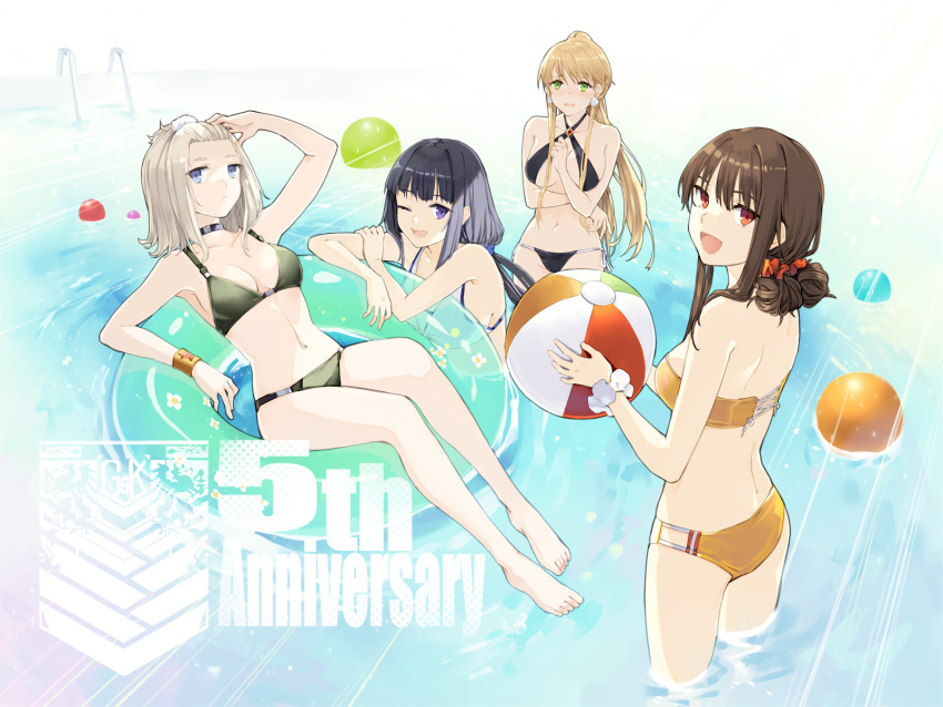 4girls, blush, falcon_(girls_frontline), girls_frontline, pp-19_(girls_frontline), stg44_(girls_frontline), swimsuit, type_81_carbine_(girls_frontline)