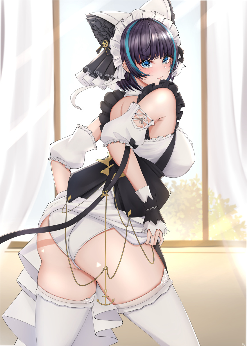 1girl, absurdres, animal_ears, aqua_hair, arms_behind_back, ass, azur_lane, bangs
