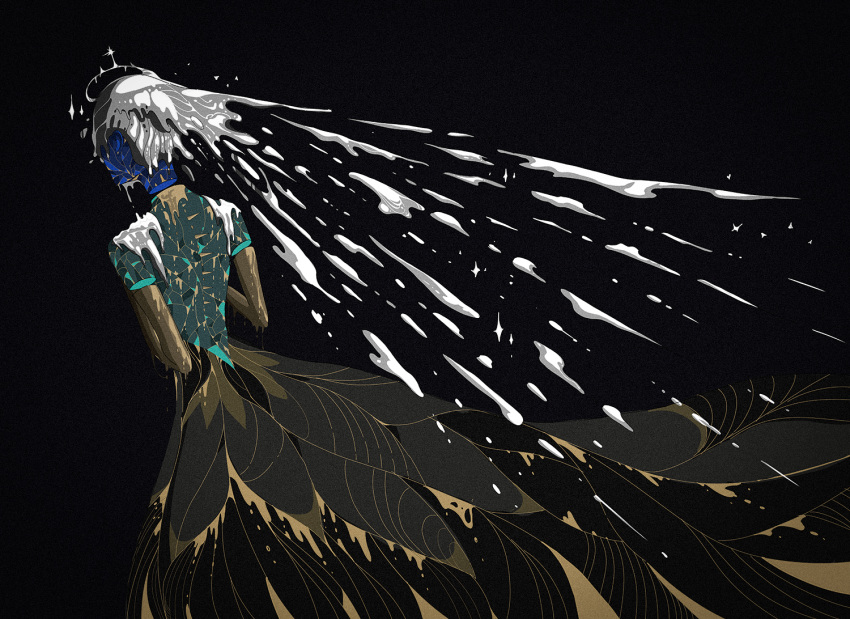 1other, amputee, black_background, commentary_request, cracked_skin, disembodied_head, double_amputee, gold