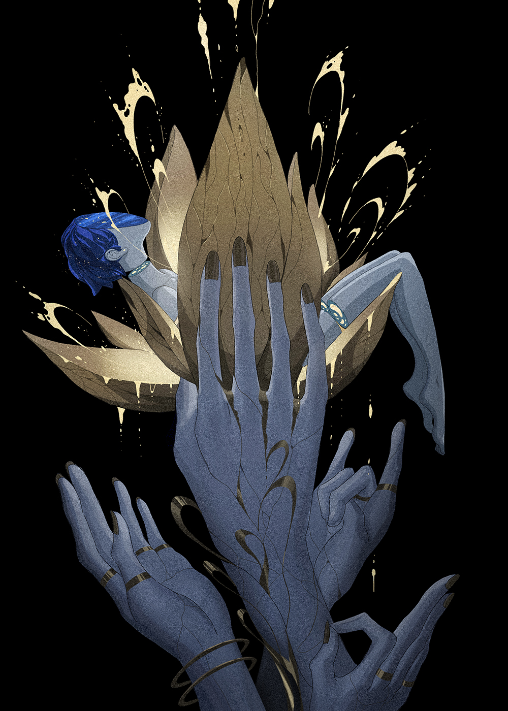 1other, bangle, black_background, blue_hair, bracelet, commentary_request, cracked_skin, disembodied_head, faceless, gold_nails, highres, houseki_no_kuni, jewelry, ko_ryou, molten_metal, phosphophyllite, phosphophyllite_(ll), short_hair, simple_background