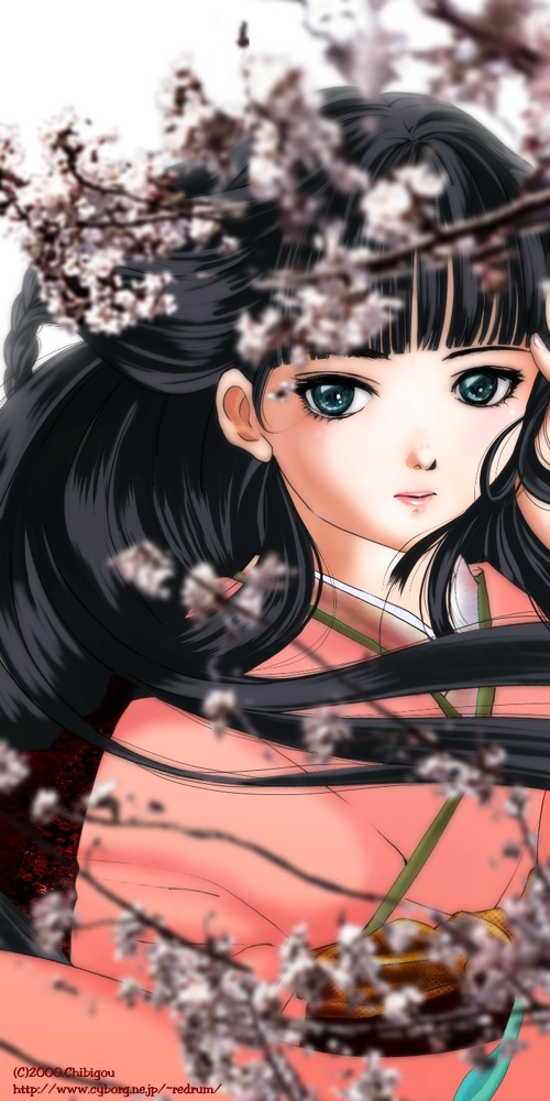 black_hair, cherry_blossoms, chibigou, green_eyes, japanese_clothes, kimono, original, solo