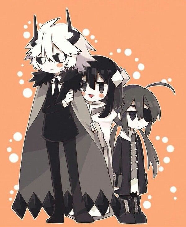 1boy, 2girls, alela_grora, bakara_(19083210), bangs, behind_another, black_eyes, black_footwear