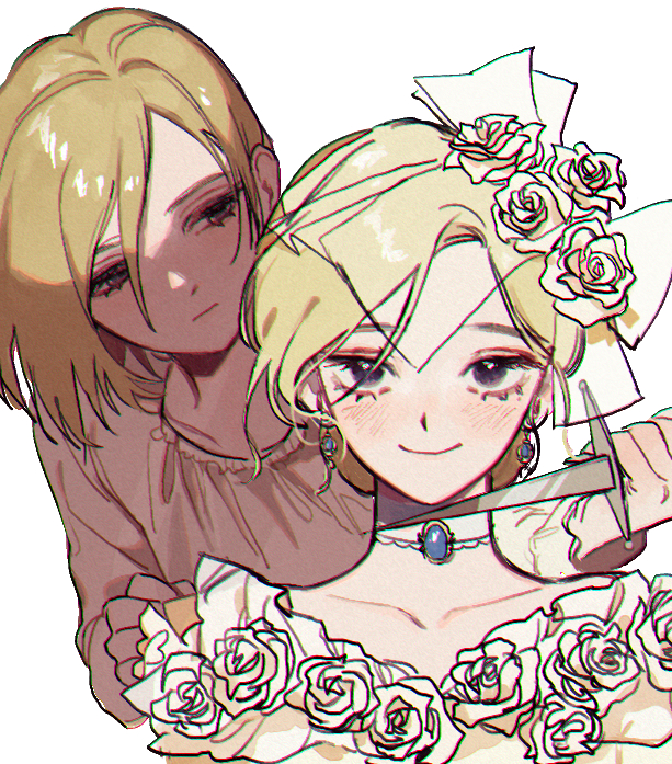 2girls, blade_to_throat, blonde_hair, blush, brooch, character_request, closed_mouth, dagger
