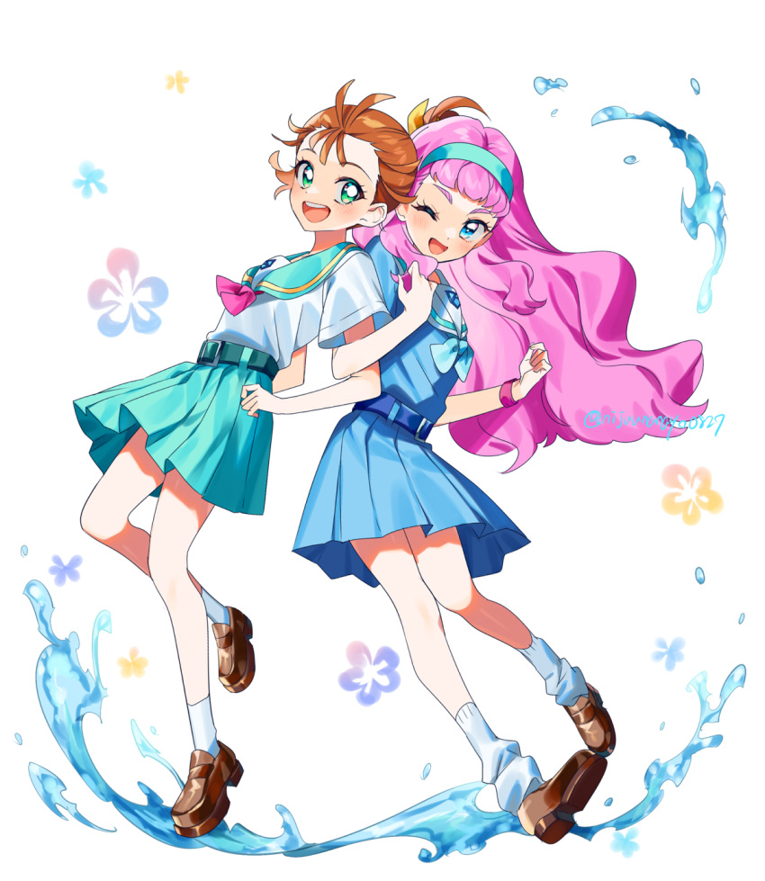 2girls, :d, ;d, aozora_middle_school_uniform, aqua_hairband, blue_eyes, blue_skirt, brown_footwear