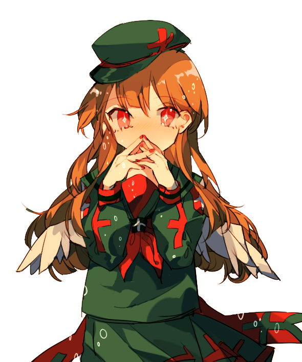 +_+, 1girl, brown_hair, cross, green_headwear, green_shirt, green_skirt, haiiro_teien, hand_on_own_face, hat, long_hair, looking_at_viewer, macarona, mini_wings, pink_eyes, red_eyes, sailor_collar, school_uniform, shirt, simple_background, skirt, standing, upper_body, water_drop, white_background, wings