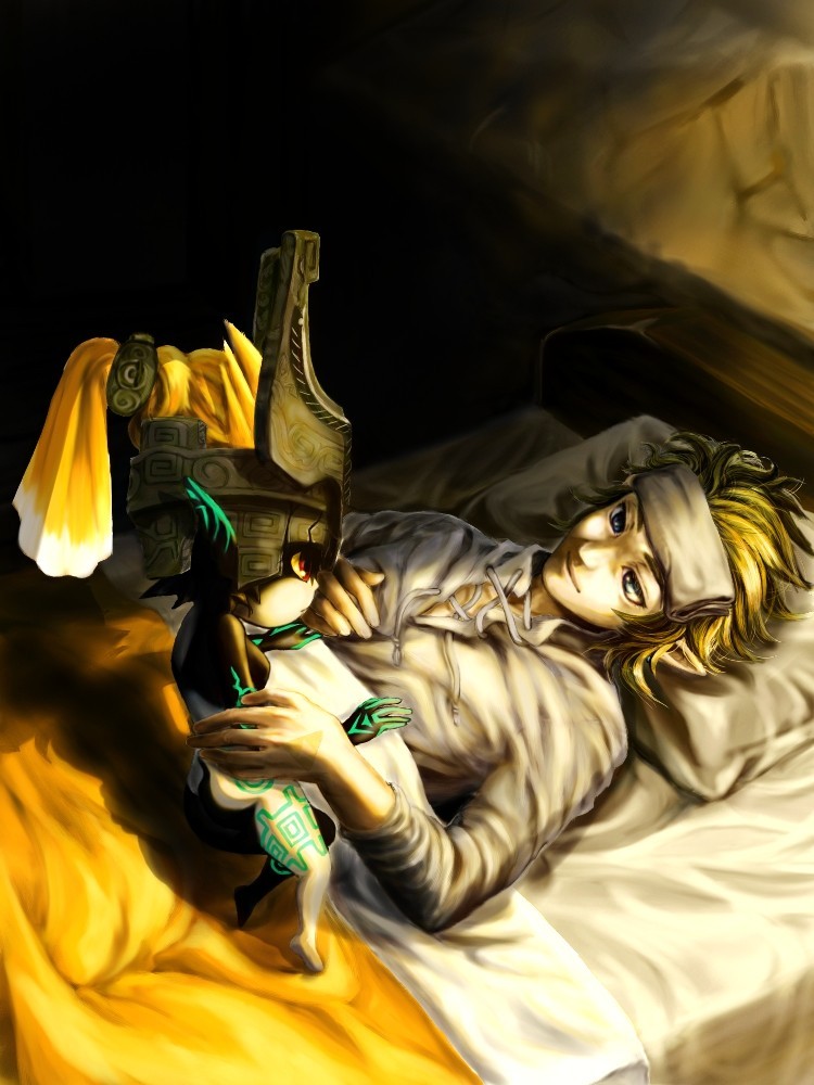 helmet, link, lying, midna, nintendo, red_eyes, sick, smile