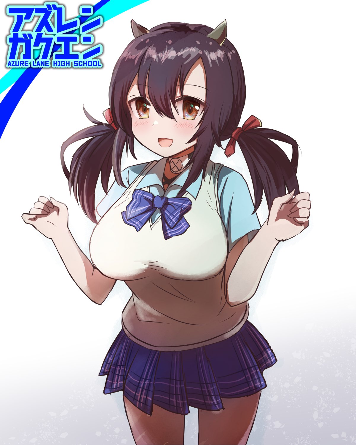1girl, alternate_costume, azur_lane, black_hair, blush, breasts, brown_eyes, commentary_request