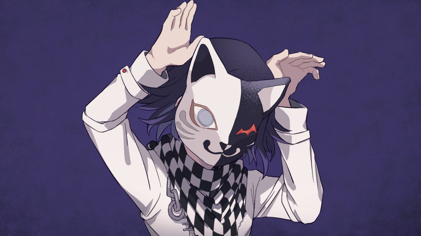 1boy, a_tama_(pakpak_tkg), animal_ears, arms_up, bangs, black_hair, cat_ears, cat_mask