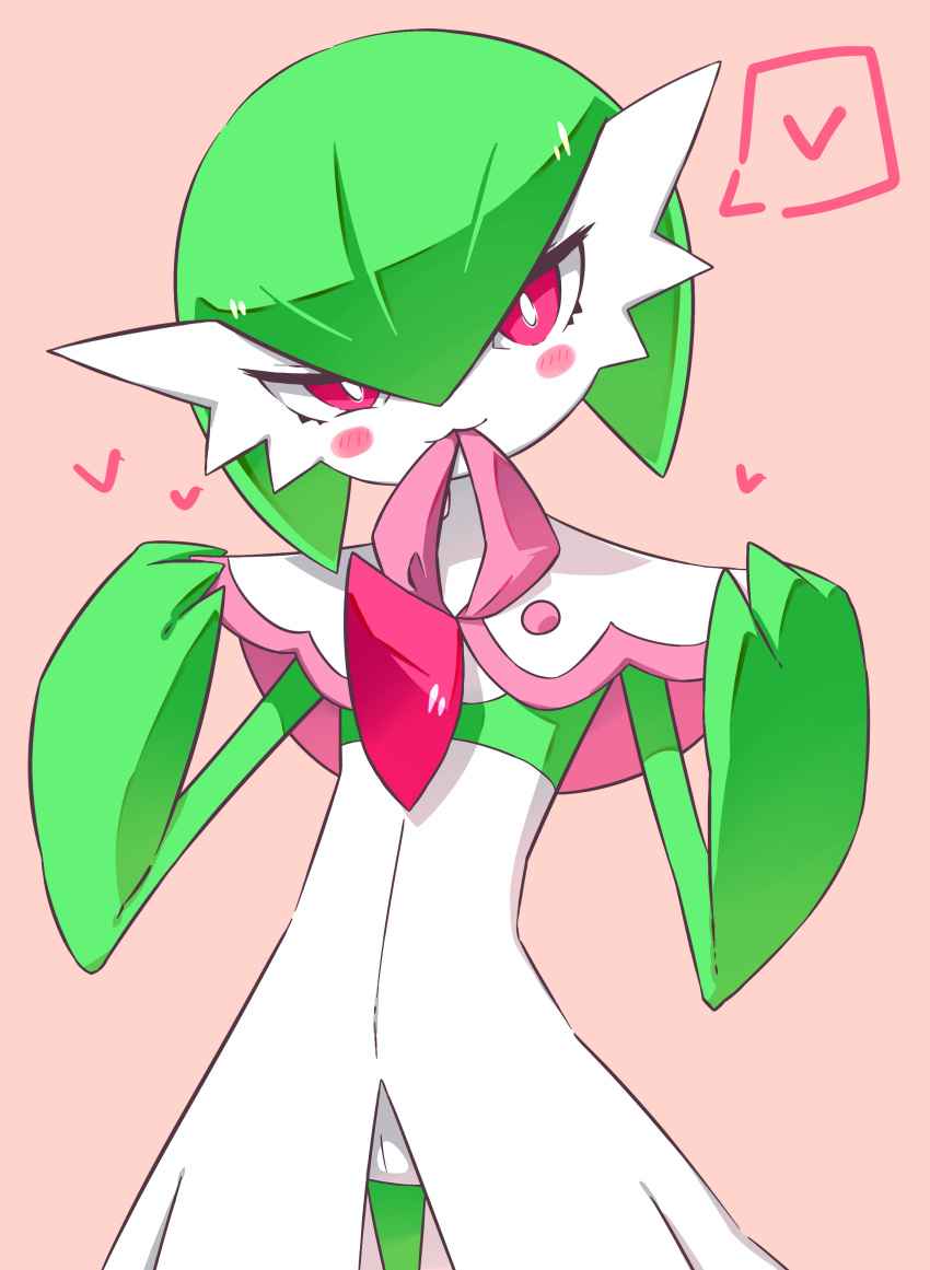 1girl, :3, absurdres, bangs, blush, blush_stickers, bob_cut, bright_pupils, capelet, closed_mouth, clothed_pokemon, colored_skin, commentary_request, cowboy_shot, flat_chest, gardevoir, green_hair, green_skin, hair_between_eyes, half-closed_eye, hands_up, happy, heart, highres, lifted_by_self, looking_at_viewer, m3_(gardevoir_m3), mouth_hold, multicolored, multicolored_skin, pink_background, pink_trim, pokemon, pokemon_(creature), pokemon_(game), pokemon_unite, red_eyes, short_hair, simple_background, smile, solo, speech_bubble, spoken_heart, standing, two-tone_skin, uneven_eyes, white_capelet, white_pupils, white_skin