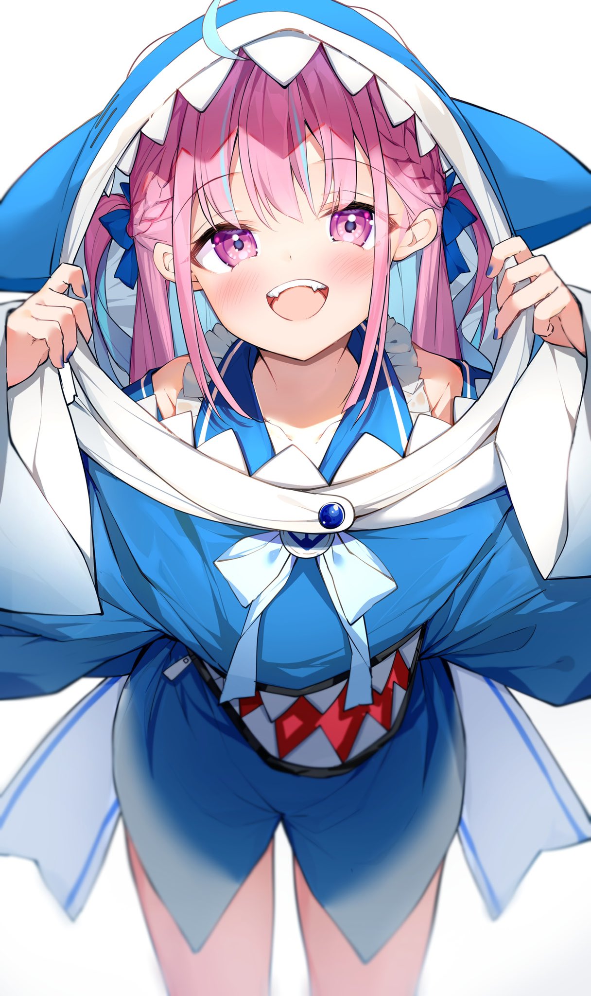 1girl, :d, animal_hood, bangs, blue_bow, blue_hair, blue_hoodie, blue_nails