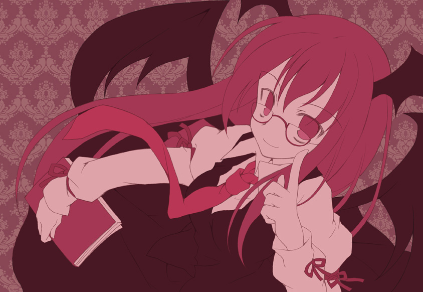 bespectacled, book, glasses, hands, head_wings, kiseki, koakuma, long_hair