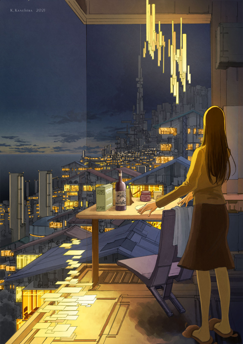 1girl, artist_name, black_hair, black_skirt, bottle, box, brown_shirt, building