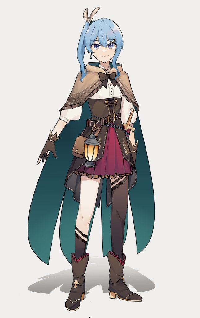 1girl, bangs, black_bow, blue_eyes, blue_hair, boots, bow, brown_cloak