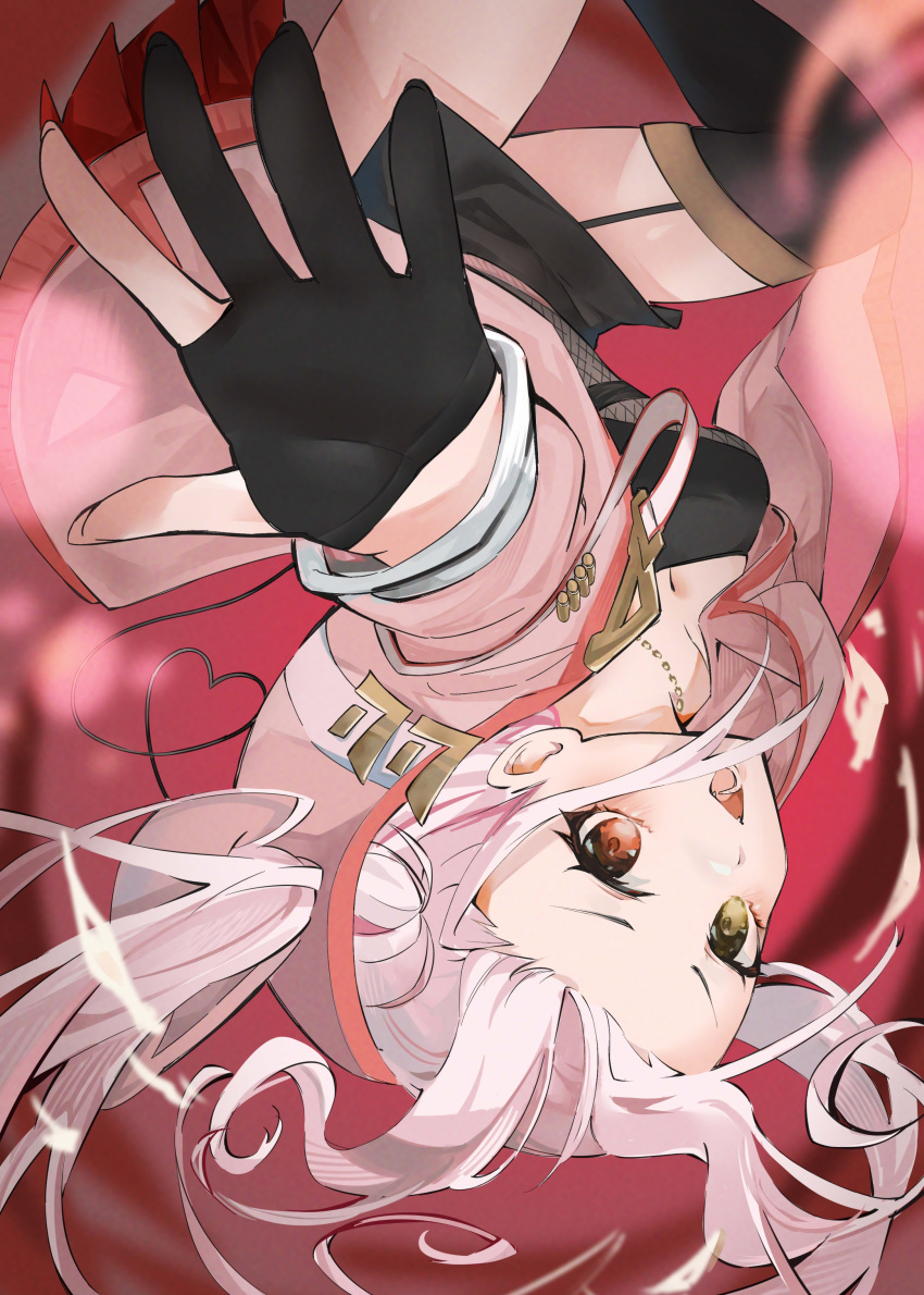 1girl, absurdres, bangs, black_gloves, breasts, gloves, hair_behind_ear, heterochromia