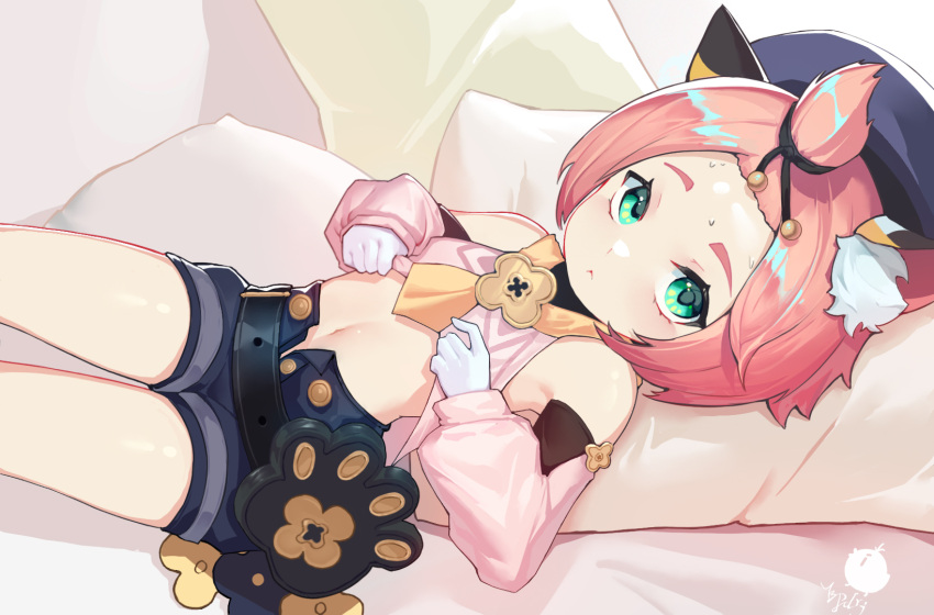 1girl, :<, animal_ears, armpits, bag, bangs_pinned_back, bed_sheet, benpao_de_ruoji
