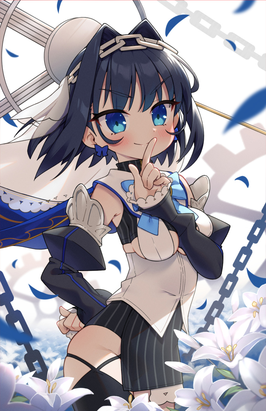 1girl, bangs, black_hair, blue_eyes, blush, breasts, chain, detached_sleeves
