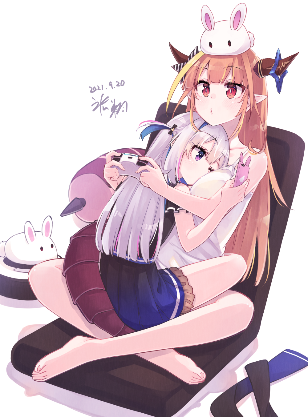 2girls, amane_kanata, anal_tail, bangs, barefoot, between_breasts, black_dress, blonde_hair