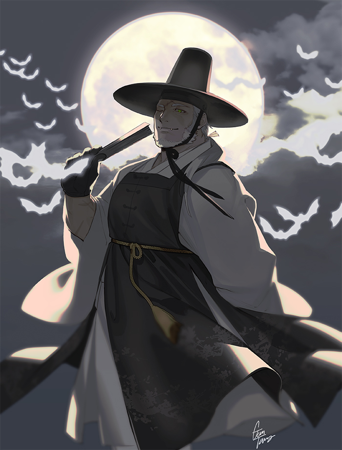 1boy, artist_name, bat, beard, black_headwear, facial_hair, fangs, folding_fan