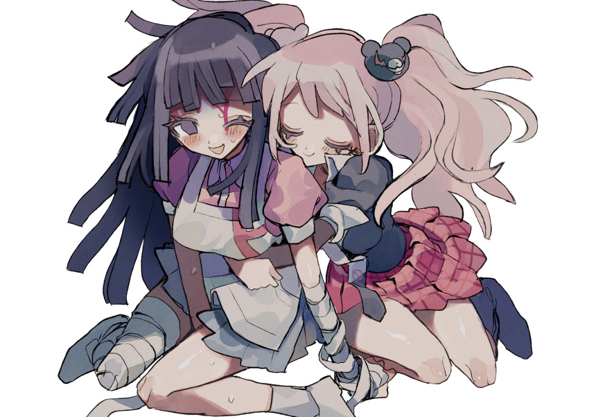 2girls, :d, absurdres, apron, bandaged_arm, bandaged_leg, bandages, bangs