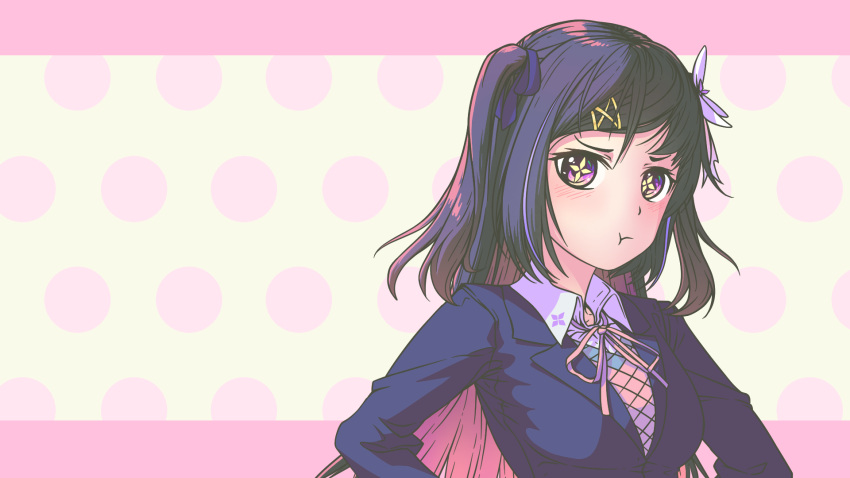 1girl, blazer, blue_hair, blue_jacket, blue_ribbon, blush, collared_shirt, colored_inner_hair